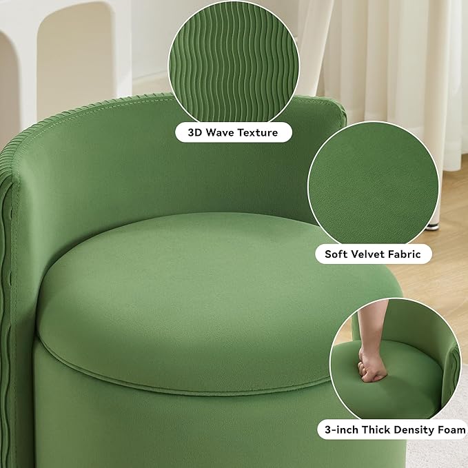 360° Swivel Velvet Vanity Chair with Storage Barrel Makeup Chair with Wave Back No Assembly Vanity Stool Small Accent Chair for Living Room Green