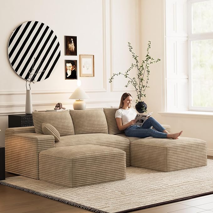 Modular Sectional Sofa Cloud Couch 108'' Comfy U Shaped Sectional Couches for Living Room Deep Seat Cozy Fluffy Corduroy Boneless Couch Sectionals Sofa with Movable Ottomanm Light Brown