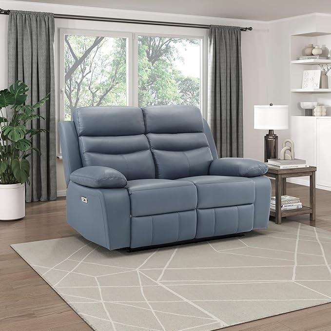 Lexicon 64 W Power Double Reclining Loveseat with USB Charging Port Wall Hugger Leather Match Reclining Love Seat for Living Room Apartment Easy Assembly Blue