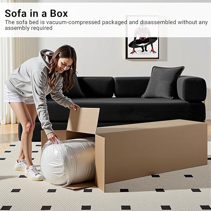 78 Convertible Sleeper Sofa Bed Corduroy Folding Sofa Bed with Fixed-Shape Frame Fold Out Floor Mattress Couch Lazy Compression Sofas for Living Room Bedroom No Assembly Required Black