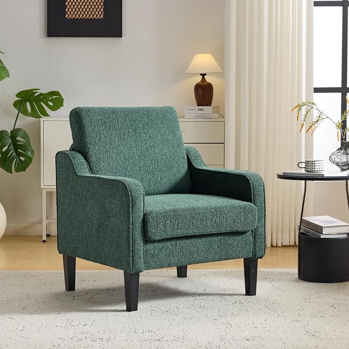 VINGLI Upholstered Chenille Accent Chair for Living Room Bedroom Mid-Century Modern Arm Chair Comfy Reading Chair with Scooped Arms (1 Dark Green)