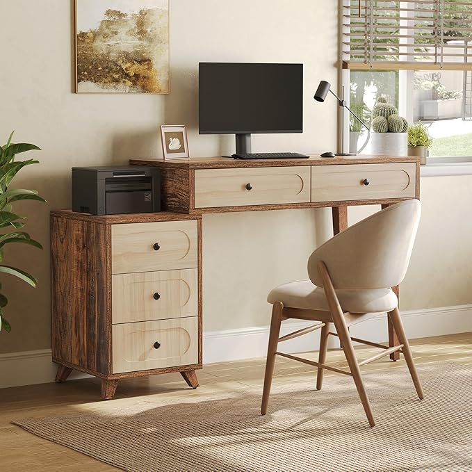 LITTLE TREE 39-Inch Computer Desk with 5 Drawers Extendable Table with Storage for Small Space Home Office Reversible Design (Rustic Brown)