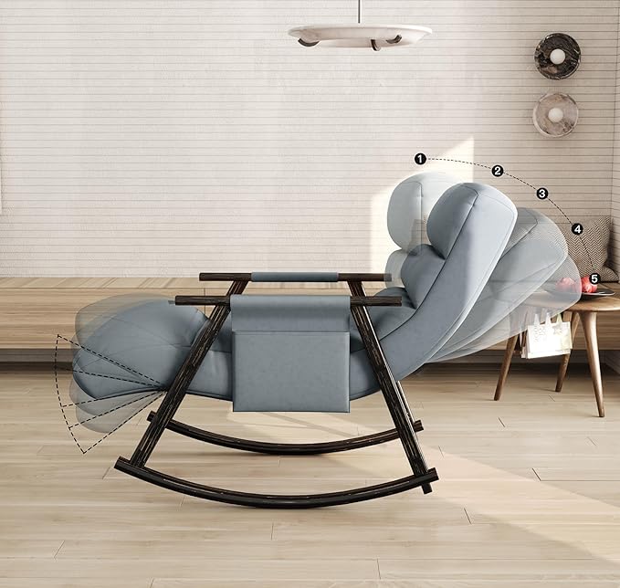 Folding Upholstered Rocking Chair Casual Lounge Chair with Adjustable High Back and Footrest Side Pockets Suitable for Living Room Bedroom or Balcony.