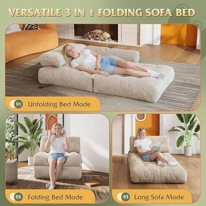 WLIVE Folding Sofa Bed for Living Room Boneless Chair Folding Chair Bed Bean Bag Chairs for Adults Pull Out Sofa Bed Dorm Bedroom Beige