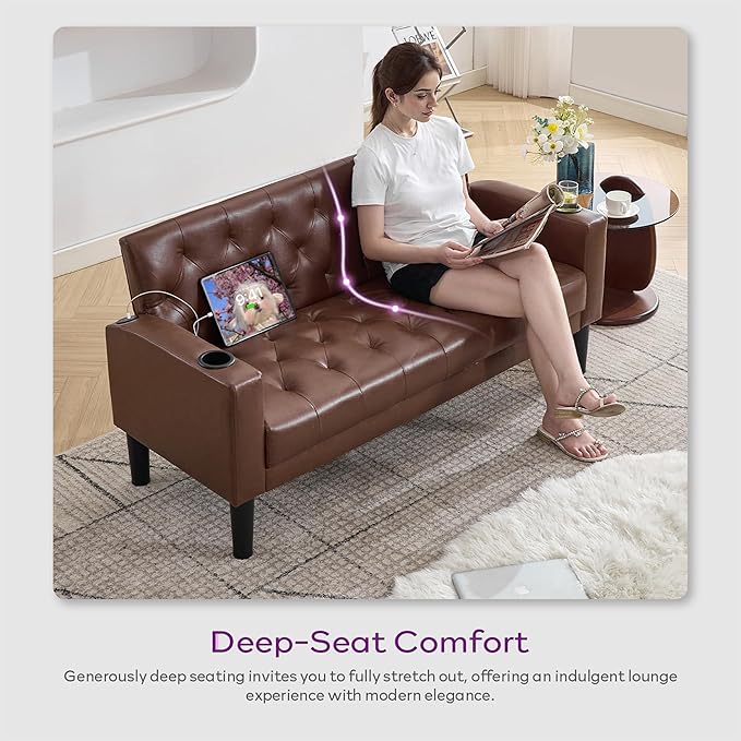 TYBOATLE 62 W Leather Loveseat w/Chairs 2 Piece Sofa Sets for Living Room w/ 2 USB Charger Ports and 2 Cupholders Living Room Furniture Sets of 2 (2 Brown)