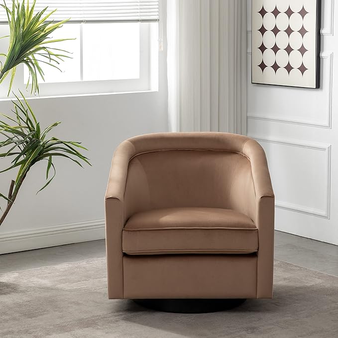 Wovenbyrd Classic Mid-Century 360-degree Swivel Barrel Accent Chair Light Brown Velvet