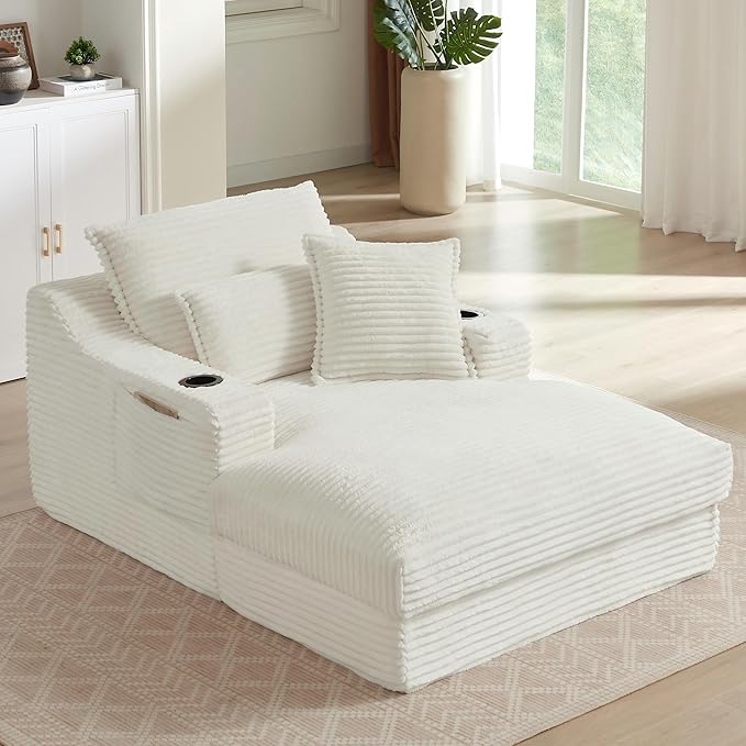 67.72 Inch Corduroy Chaise Lounge Chair Indoor No Assembly Upholstered Sofa Bed with Throw Pillows &amp Cup Holder for Living Room BedroomWhite