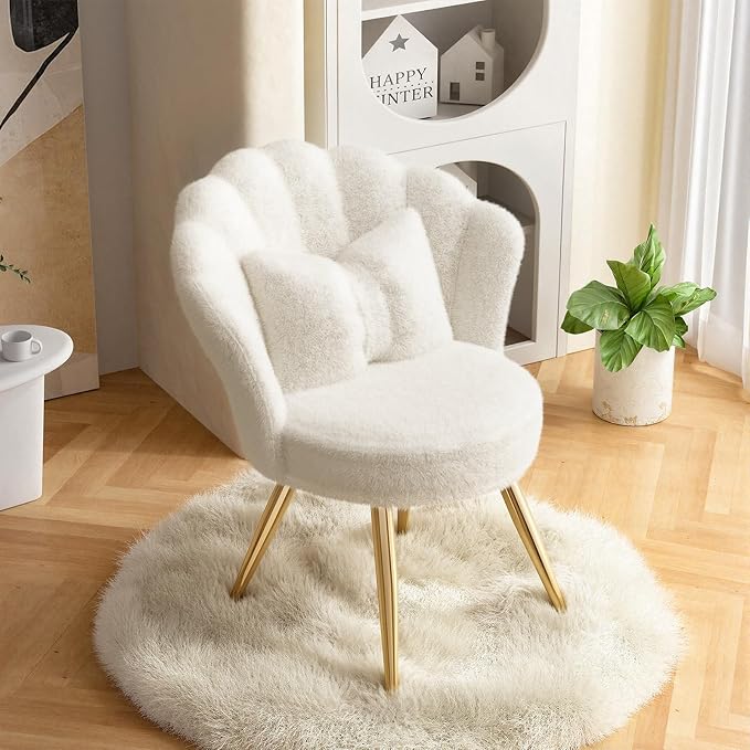 Plush Velvet Sherpa Accent Chair with Gold Metal Legs Fluffy Vanity Chair for Makeup Room Upholstered Guest Chair for Living Room for Bedroom Cream White
