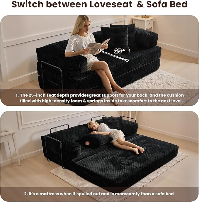 4-in-1 Convertible Sleeper Sofa Bed80 Inch Corduroy Loveseat Sleeper with Pull Out BedBoneless Couch with Fixed-Shape FrameFloor Sofa Modular Couch for Living Room Bedroom Lounge (Black)