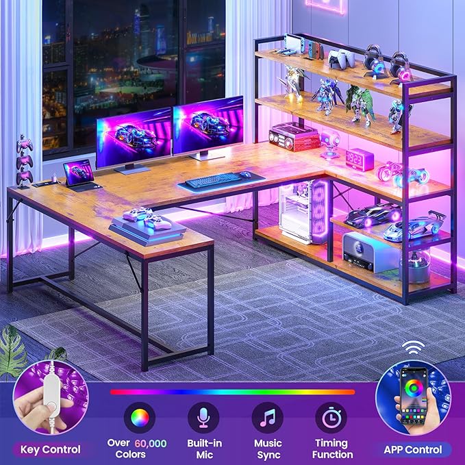 SEDETA L Shaped Desk with Storage Shelves 63” Reversible U Shaped Office Desk Gaming Desk with Power Outlet and LED Lights for Home Office Rustic Brown
