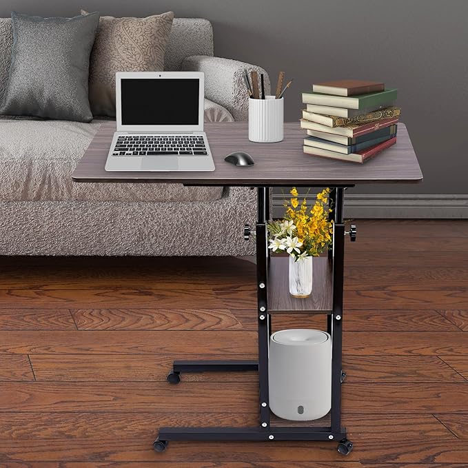 Portable Movable Computer Desk Height Adjustable Indoor C-Shaped Side Table Multifunctional Nightstand with 4 Universal Wheels and Storage Shelves for Living Room Bedroom Office Writing Desk