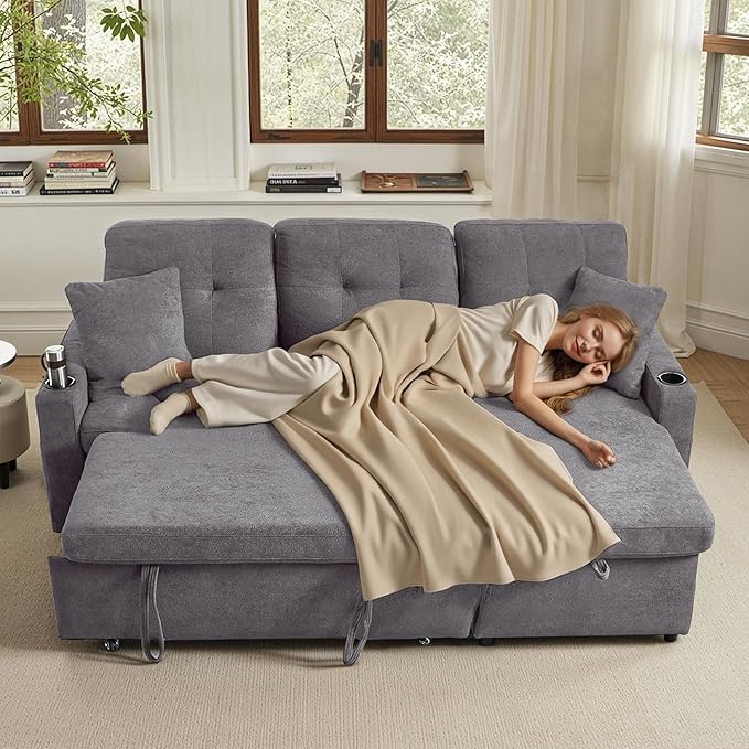 Reversible Sectional Sofa Couch Sleeper Sofa Bed with Storage Chaise Pull Out Couch for Living Room | USB Charge | Cup Holder | Removable Backrest |Teddy Fabric (LightGrey)