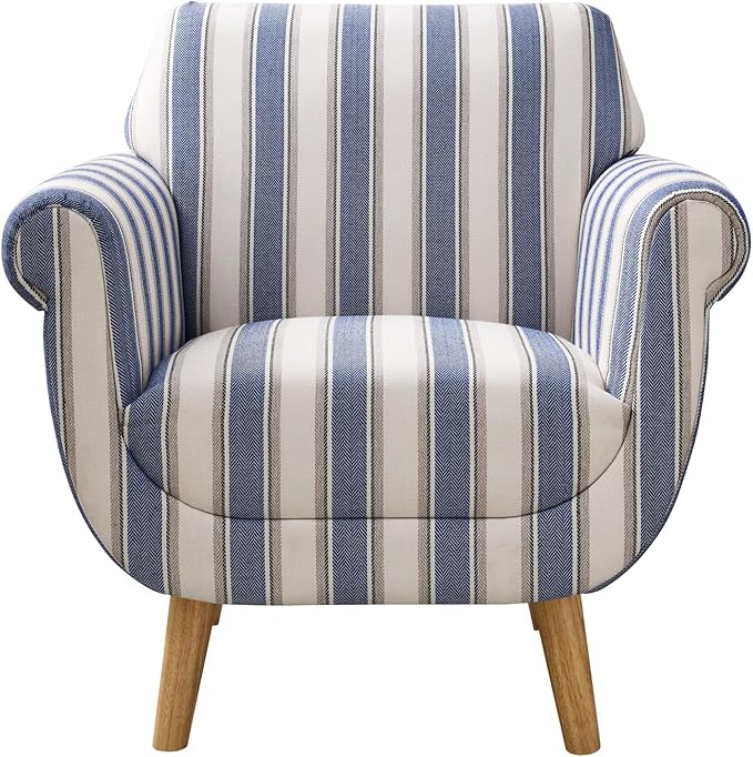 VANOMi Mid-Century Accent Chair with Stripe Pattern Modern Linen Fabric Armchair with Wood Legs Club Chair for Living Room Comfy Upholstered Side Chairs for Bedroom Reading Small Place (Navy)