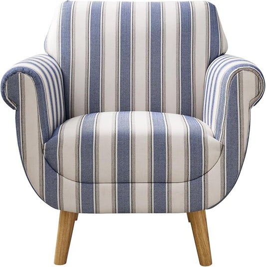 VANOMi Mid-Century Accent Chair with Stripe Pattern Modern Linen Fabric Armchair with Wood Legs Club Chair for Living Room Comfy Upholstered Side Chairs for Bedroom Reading Small Place (Navy)