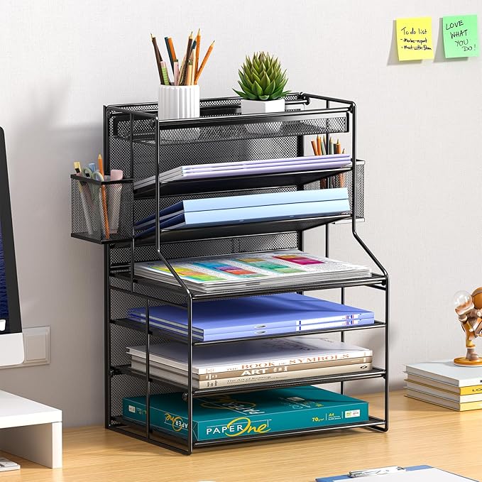 7 Tier Desk File Organizer – Vertical File Organizer for Desk with Removable Pen Holder &amp Adjustable Pull-out Drawer – Metal Document Organizer for Office Simple Trending Design – Black