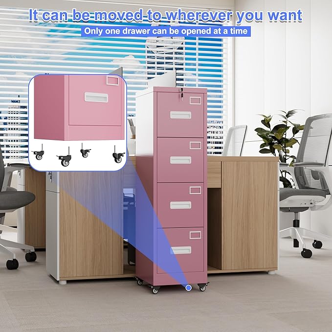 METAN 4 Drawer File Cabinet on Wheels Lockable Metal Filing Cabinet with Handle and Name Card for Office HomeAssembly RequiredPink