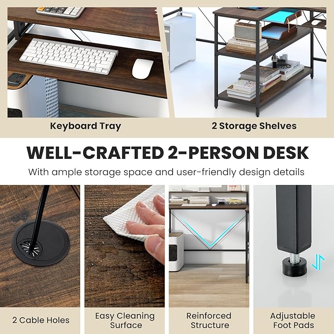 Tangkula 2-Person Reversible Computer Desk with LED Lights 94.5” Long Office Desk with Power Outlets Monitor Stand Keyboard Tray &amp 2 Storage Shelves Double Desk for Gaming Working Writing (Wal