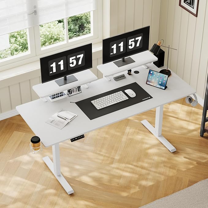 71 x 24 Inches Electric Standing Desk with 2 Monitor Shelves Adjustable Computer Desk from 28-46'' Sit to Stand UpHome Office Desk with Memory Controlller for Workstations White