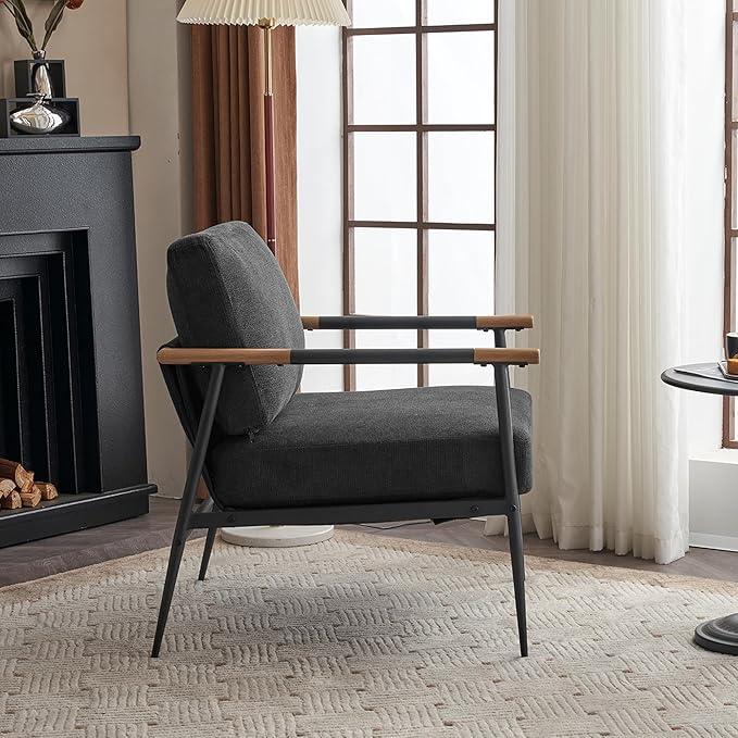 Leisure Lounge Chair Arm Chair with Metal e Upholstered Side Chair Comfy Sitting Chair for Living Room Black Chenille DC633