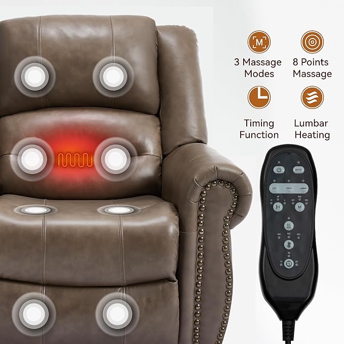 Genuine Leather Power Lift Recliner Chair Lazy Boy Recliner Chair with Charging Ports for Living Room Theater Seating Electric Single Sofa with Round Armrest Camel Brown