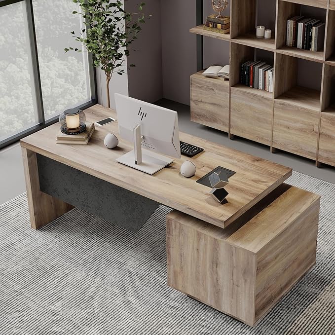 Modern Executive Desk Rectangle Office Desk with Storage Cabinet Width Adjustable Standing Desks Stand Under Table Storage Organizer Mahogany