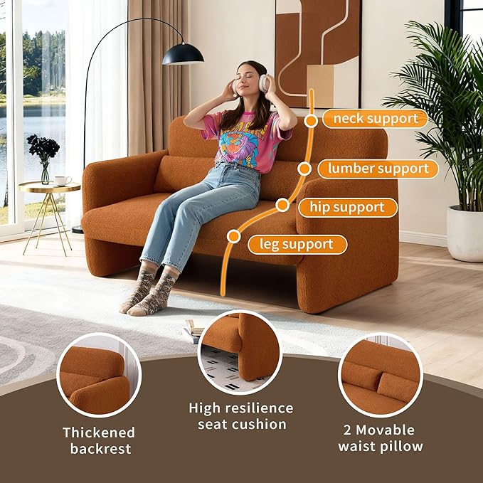 59.1 Boucle Modern Sofa Couch 2 Seater Sherpa Lamb Fabric Loveseat Comfy Upholstered Couch Leisure Lounge Sofa with 2 Waist Pillow for Bedroom Office and Living RoomOrange