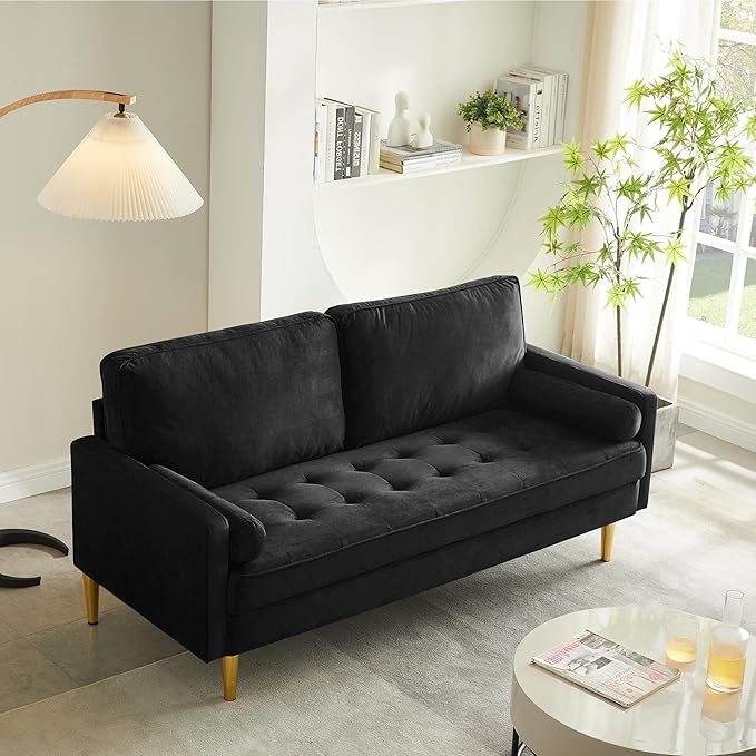 67 Modern Velvet Loveseat Sofa Couch Mid-Century Tufted Upholstered Small Love Seat Couch with 2 Pillows &amp 4 Golden Legs 2-Seats Couches for Compact Space Living Room Apartment (Black)