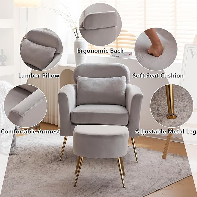 Accent Chair Light Gray Chair with Ottoman Comfy ArmChair Footrest Set Comfortable Living Room Chairs Club Tub Sofa Chair for Reading Room Lazy Chair with Ottoman Accent Lounge Chair with Footstool