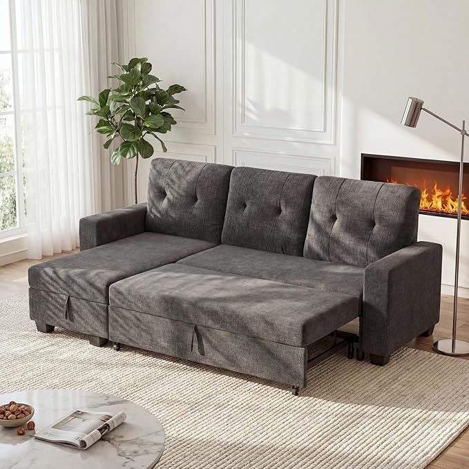 JUMMICO Sofa Bed Sleeper Pull Out Couch with Reversible Storage Chaise Convertible L Shaped Sectional Couches for Living Room Apartment (Linen Fabric Dark Grey)
