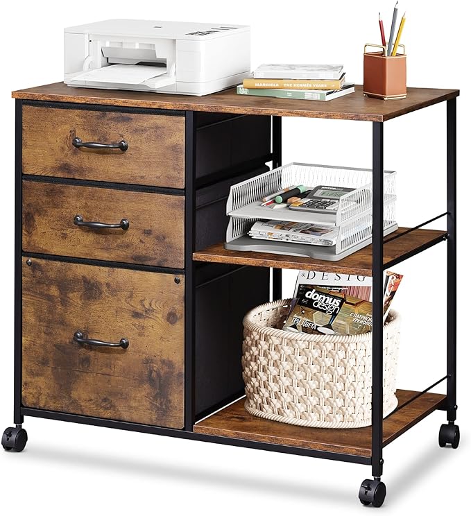 DEVAISE 3 Drawer Mobile File Cabinet Rolling Printer Stand with Open Storage Shelf Fabric Lateral Filing Cabinet fits A4 or Letter Size for Home Office Rustic Brown Wood Grain Print