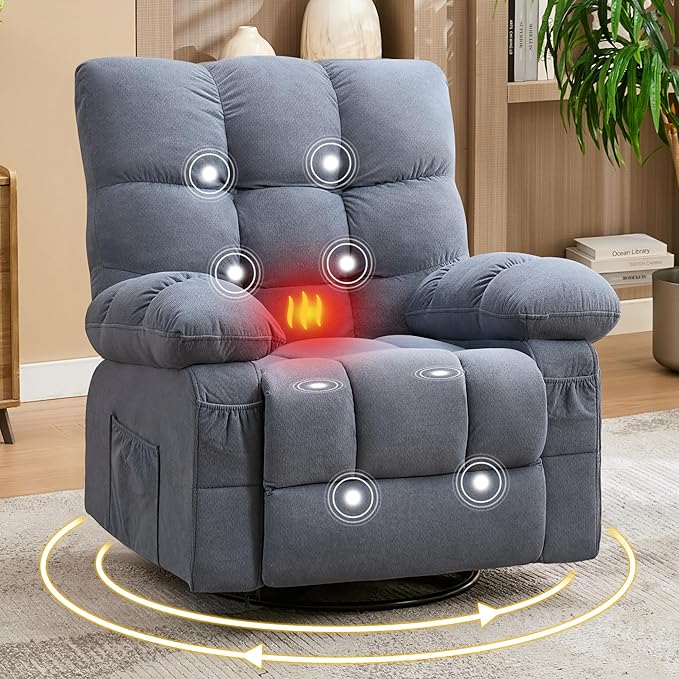 Oversized Recliner Chair with Massage and Lumbar Heating Swivel Rocker Recliner with Remote Control Single Sofa Chair for Adults Seniors Elderly at Living Room Bedroom Study Room