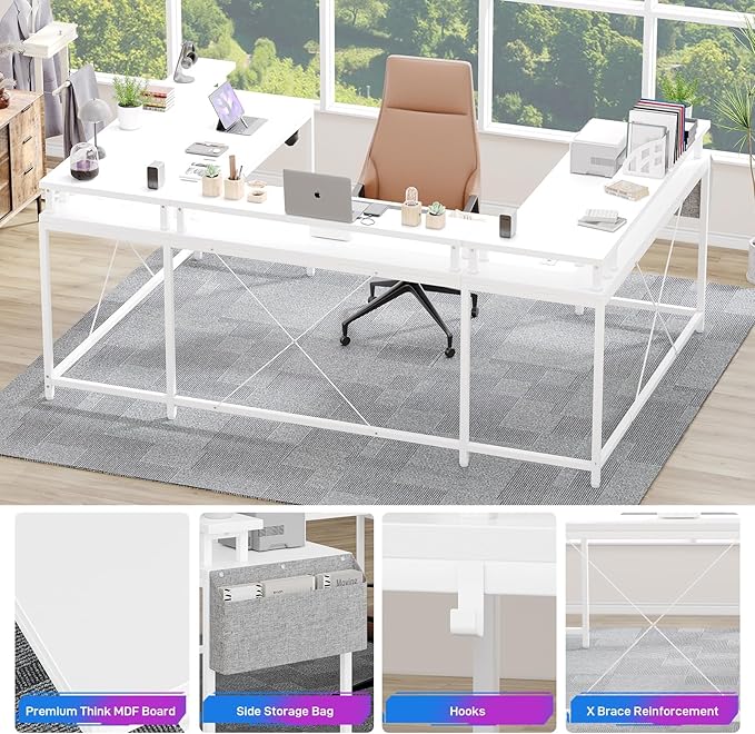 U Shaped Desk 79 Reversible L Shaped Desk and Long Gaming Desk with Storage Shelf &amp Power Outlets &amp LED Lights Corner Computer Desk with Monitor Stand and Side Storage Bag for Home Office