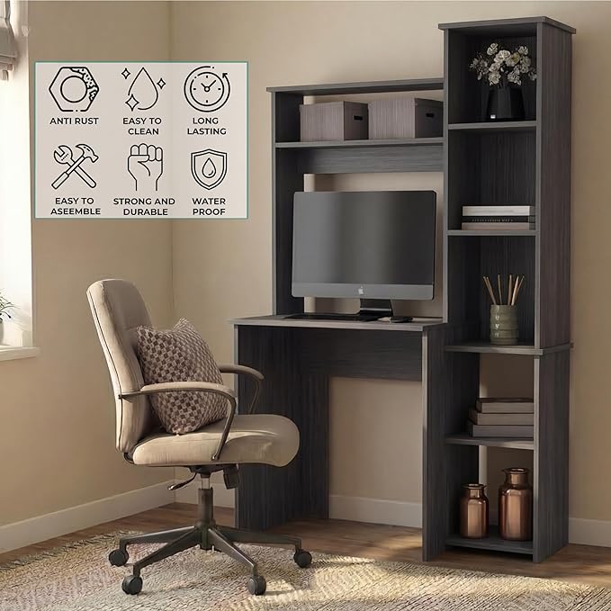 Tuhome Versalles Writing Desk with Two Superior Shelves Five Side Open Storage Compartments Space-Saving Modern Workstation Design for Studios and Offices Ideal for Organization Books