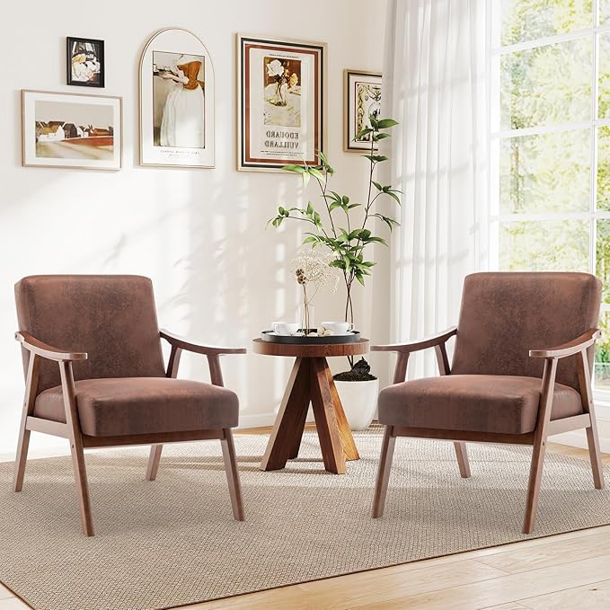 Rovibek Upholstered Accent Chair with Arms - Mid Century Modern Accent Chairs with Wood Frame Upholstered Arm Chairs with 5.9in Thick Foam Brown Occasional Chair