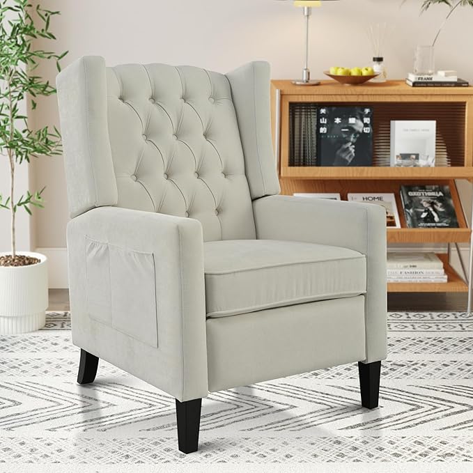 Pushback ReclinerComfortable Wingback Sofa Chair with Adjustable Backrest Tufted Fabric Upholstered ArmchairRetro Rivets Decorated Recliner for Living Room Bedroom Office Home Theater (USB Beige)
