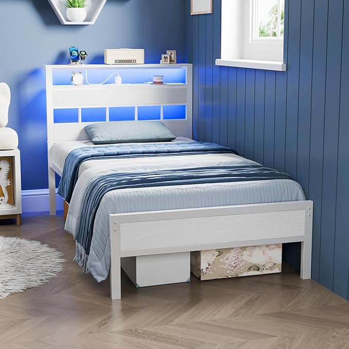 Furnulem Twin Bed Frames with Charging Station and LED Lights Twin Size Platform Bed with Metal Slats Wood Headboard with 2-Tier Storage Shelves No Box Spring Needed White