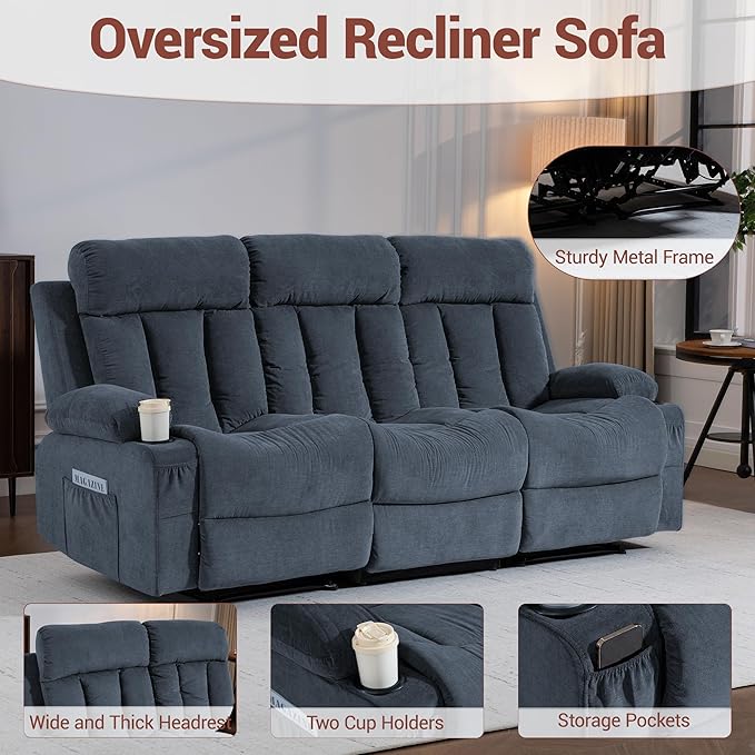 3 Seater Reclining Sofa Couch with Cup Holders Comfy Triple Manual Fabric Recliner Chair for Living Room Home Theater Office Blue