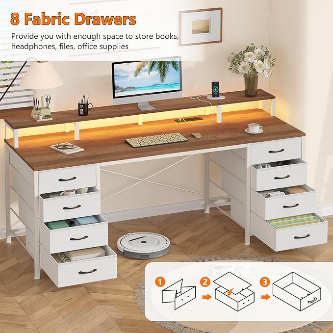 60 Inch Computer Desk with 8 Fabric Drawers Gaming Desk with LED Lights &amp Power Outlets Home Office Desk with Monitor Stand Brown and White