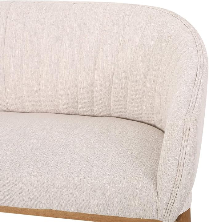 Beige Fabric Loveseat Sofa - Mid Century Modern Channel Stitched Design with Brown Rubberwood Legs for Living Room Bedroom Foyer