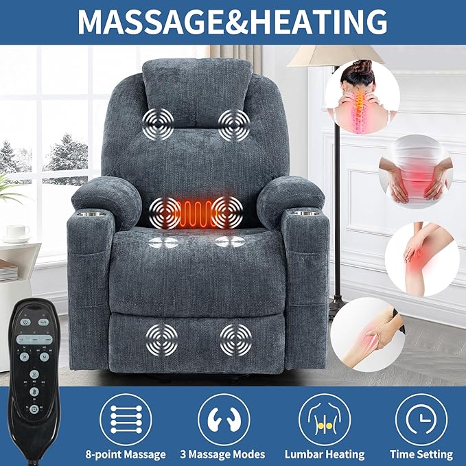 Chenille Electric Power Lift Recliner Chair Massage Single Sofa with Vibration Massage and Lumbar Heating Ergonomic Lounge Couch with Cup Holders and USB Charge Port for Living Room (Blue)