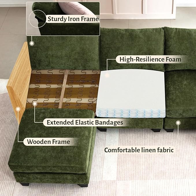 136.4 Modular Sectional Sofa U-Shaped 8 Seater Sectional Sofa with Storage Ottoman Linen L-Shaped Couch Large Cloud Couch with Cup Holders &amp USB for Living Room（Green