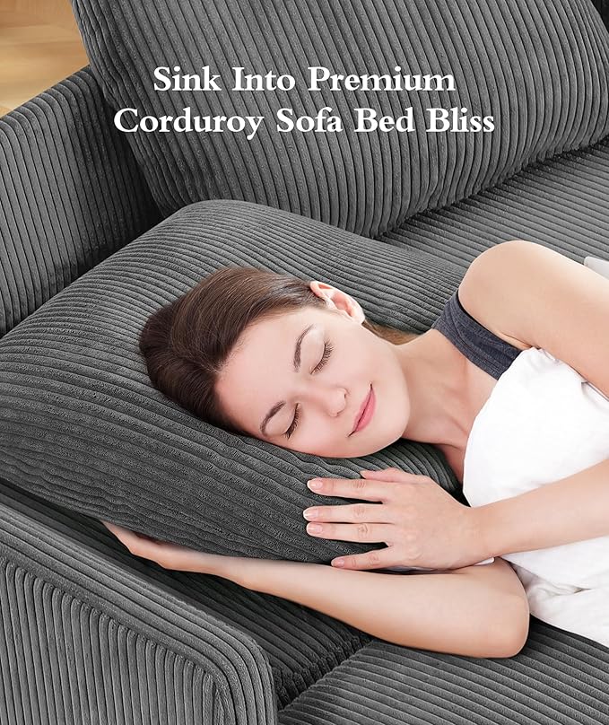 Corduroy Convertible Sofa Bed 47 Loveseat Sleeper Sofa Pull out Couch 618lbs Capacity Modern Sleeper Couch Bed 2 Fluffy Pillows Included Small Couches for Small Spaces/Apartment/Office Grey