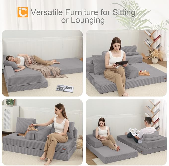 COMAX Convertible Sofa Bed Folding Floor Couch Corduroy Fold Out Couch Bed Futon Sleeper Mattress with Pillows Boneless Sofa Comfy Lounge Loveseat for Living Room Bedroom Light Grey