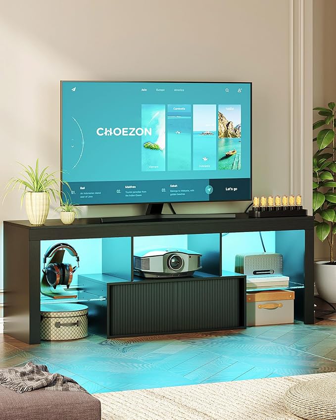 TV Stand with Power Outlet Modern TV Cabinet for 55 60 inch TVs Media TV Console with LED Light Strip Media Entertainment Center with Storage for Living Room Bedroom Black MDS02UDBB