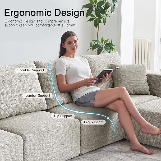152'' Cloud Couch Sectional Deep Seat Upholstered Sofa Chenille Modular Sectional Couches for Living Room Memory Foam with 6 Pillows No Assembly Required (Beige)