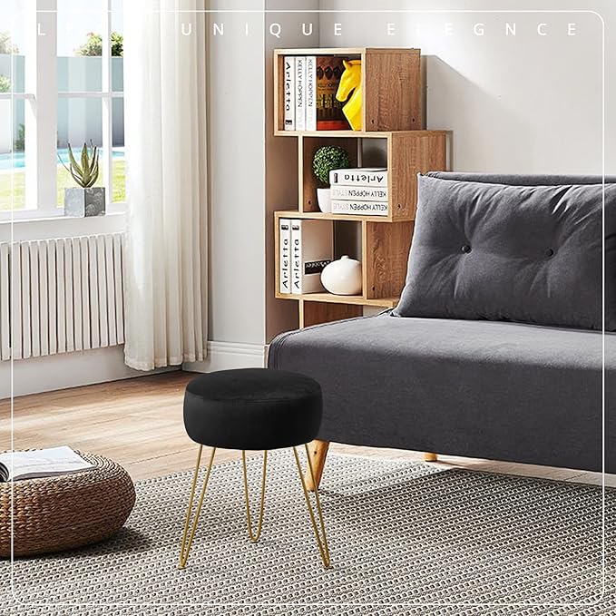 LUE BONA Vanity Stool Black Vanity Stools for Makeup Room Round Ottoman Foot Stool Velvet Footrest Vanity Chair for Bathroom Vanity Bedroom Living Room Entryway Offices