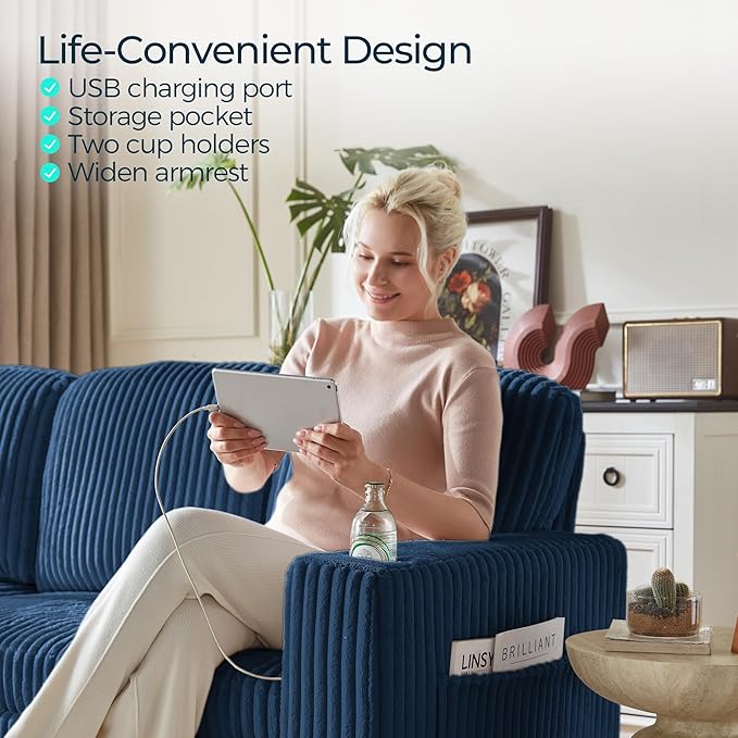 LINSY HOME Loveseat Sofa with Pull Out Couch Chaise: 2-in-1 Convertible 2 Seater Sofa with USB Charging &amp Cup Holders Comfy Plush Corduroy Love Seat for Small Spaces Living Room Apartment Blue