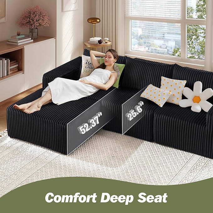 101 Boneless Cloud Modular Sectional Sofa L-Shaped Memory Foam Couch with Reversible Chaise Corduroy Upholstered Sofa in a Box No Assembly Required for Living Room &amp Apartment (Black 101in)