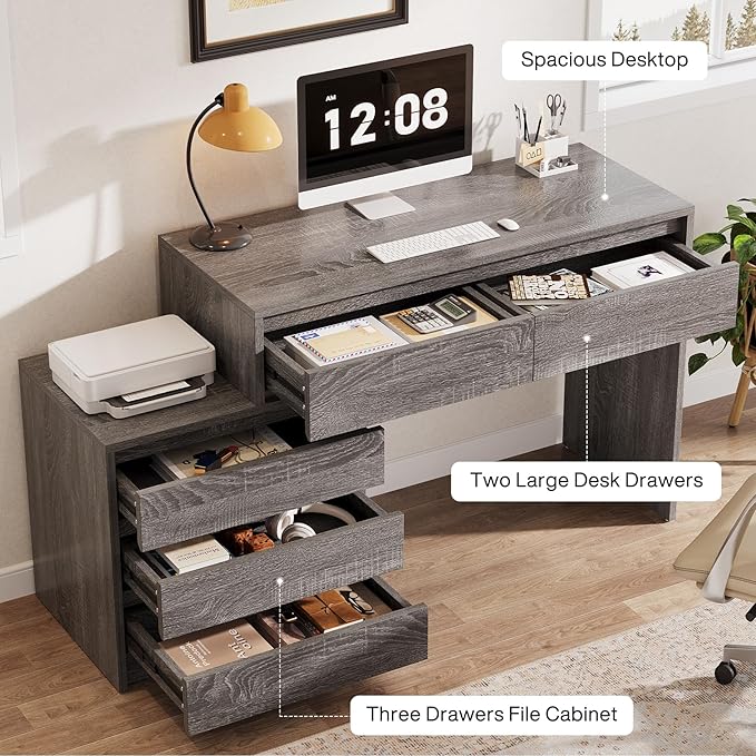 Tribesigns Computer Desk with 5 Drawers Executive Home Office Desk with File Cabinet and Printer Stand Industrial Rustic Wood Desk for Small Spaces Study Writing Workstation (Gray)