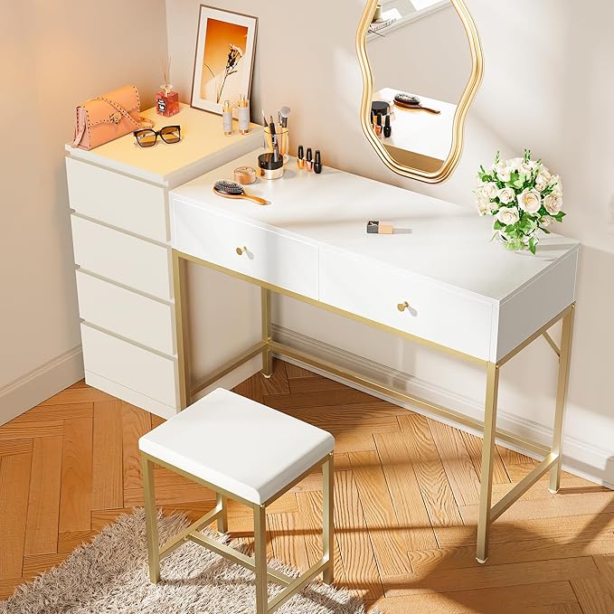 SUPERJARE 43-inch Modern White &amp Gold Desk - 2 Drawer Vanity Computer &amp Home Office Study Desk for Writing &amp Bedroom